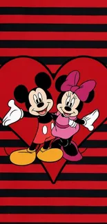 Mickey and Minnie in a heart with black stripes background.