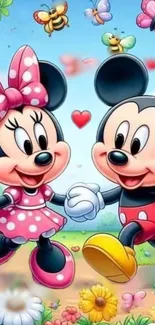 Mickey and Minnie Mouse dance in a vibrant garden with butterflies.