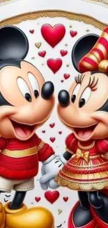 Mickey and Minnie Mouse in a loving pose with hearts in the background.