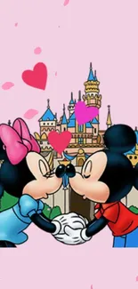 Cartoon characters kissing in front of a castle with hearts, pink background.