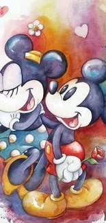 Mickey and Minnie vibrant watercolor artwork with hearts.