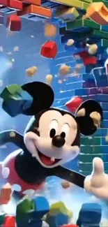 Mickey Mouse breaking through a colorful brick wall.