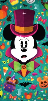 Mickey Mouse in Halloween attire on a vibrant, festive wallpaper.