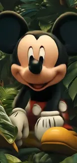Mickey Mouse in a jungle-themed wallpaper