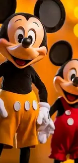 Mickey Mouse and friend smiling in vibrant cartoon scene.