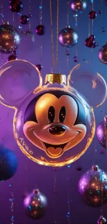 Mickey Mouse glass ornament with festive flair and vibrant purple background.