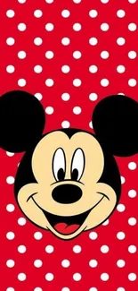 Mickey Mouse on a red polka dot background, perfect for mobile wallpaper.