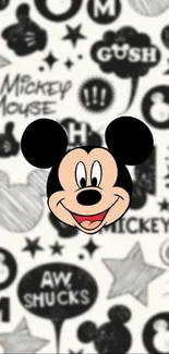 Mickey Mouse retro wallpaper with black and white cartoon icons.