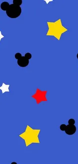 Blue wallpaper with Mickey shapes and colorful stars.