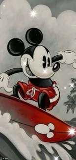 Mickey Mouse surfing vintage-style illustration with palm trees and waves.