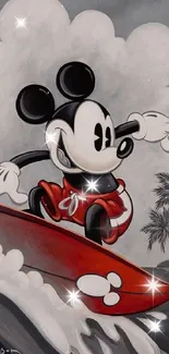 Mickey Mouse surfing on a wave in vintage style with palm trees in the background.