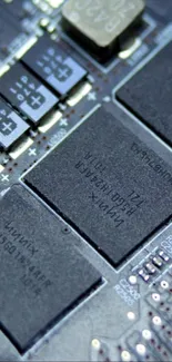 Close-up view of a detailed microchip, showcasing intricate electronics.