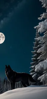 Wolf standing in snowy forest under moonlight.