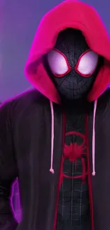 Vibrant Miles Morales Spider-Man wallpaper with pink hues.