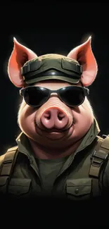 Humorous cartoon pig in soldier outfit wallpaper.