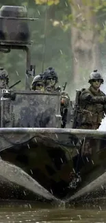 Military boat with soldiers speeding through water amidst green backdrop.