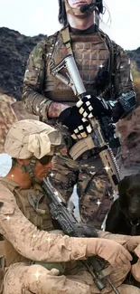 Two camo soldiers with a black dog in rugged terrain setting.