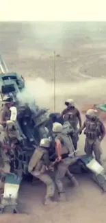 Soldiers operating artillery in a desert setting.