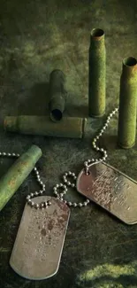 Olive green military dog tags and bullets on a dark surface.