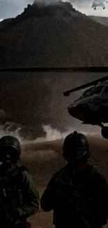 Military helicopter flying over a dark volcano landscape, with armed troops visible.