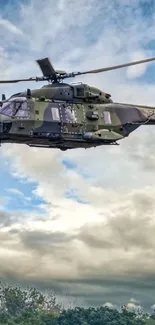 Military helicopter flying against a cloudy sky backdrop.