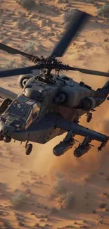 Military helicopter flying over a desert