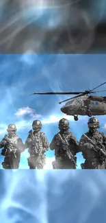 Four soldiers and a helicopter set against a vivid blue sky background.