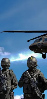 Military helicopter and soldiers with blue sky background.