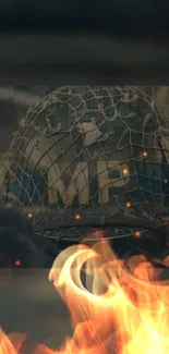 Military helmet with flames wallpaper.