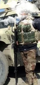 Military Humvee with a soldier on patrol in a rugged terrain.