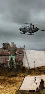 Military scene with tents and helicopter in rugged landscape.