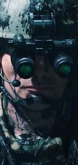 Soldier in night vision gear with camouflage and helmet.