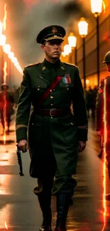 Military officer in uniform walking along a dimly lit street.