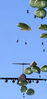 Military parachutists jump from a plane into a clear blue sky, displaying airborne precision.