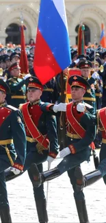 Soldiers in vibrant uniforms marching with flags in a parade.