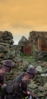 Soldiers in ancient ruins with a golden sky backdrop.