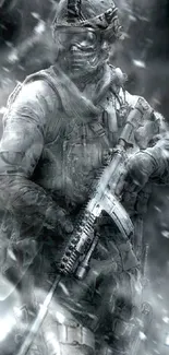 Soldier in tactical gear amidst an intense battle scenery.