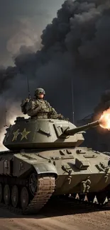 A dynamic image of a tank in action, with smoke and fire effects.