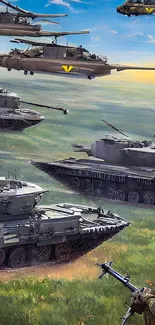 Illustration of military tanks and helicopters over a green field.