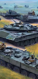 Realistic depiction of military tanks on a battlefield with soldiers and a vibrant sky.