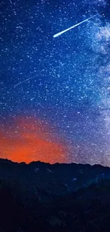 Stunning view of Milky Way over mountain at night with glowing horizon.