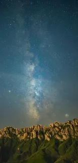 Starry night over mountains with Milky Way in clear view.