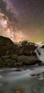 Milky Way galaxy over mountain stream and cascade.