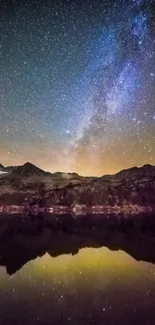 Milky Way and mountains reflected in water under a starry sky.