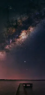 Milky Way galaxy over a dark lake and starry sky.