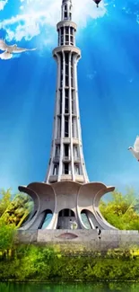 Minar-e-Pakistan with blue sky and doves wallpaper