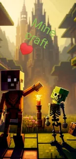 Minecraft characters in a vibrant adventure scene with castle backdrop.