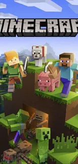 Minecraft characters on mountain in bright landscape.