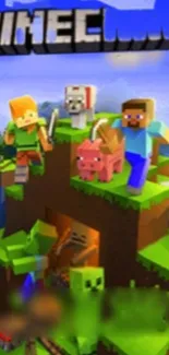 Minecraft characters adventure on grassy block cliff.