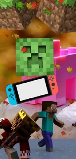 Minecraft blocks and characters in an autumn-themed phone wallpaper.